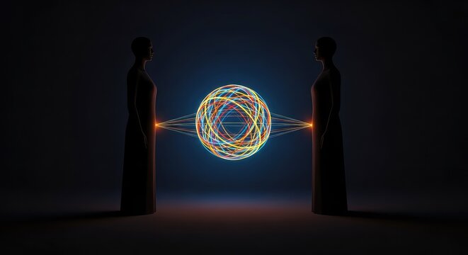 Two dark forms stand in a shadowy void as a brilliant, glowing sphere passes between them, representing a shared path of ambition and hope, inspiration, direction, support