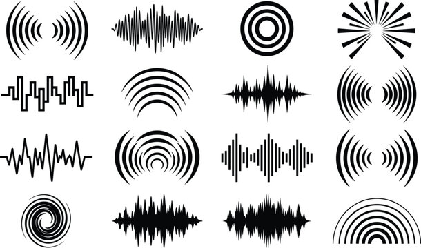 Sound waves and audio frequency vibration vector set representing music equalizers and signal transmission ripples