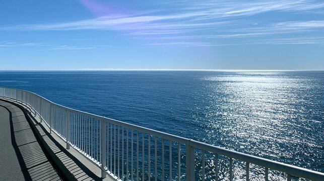 Scenic outdoor coastal drive landscape, gently curving grey road on left, long white metal guardrail separating road and vibrant blue ocean extending to horizon, sunlight shimmering on soft waves, bri