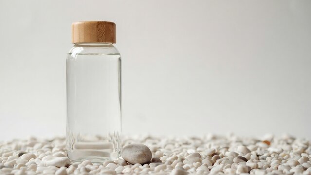 Empty clear glass bottle with wooden cap on white pebbles with displays empty essential oil resting white