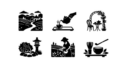 Fototapeta premium Tea Ceremony Icons, Japanese Garden Elements, Rural Landscape Scenes, Beverage Service Graphics