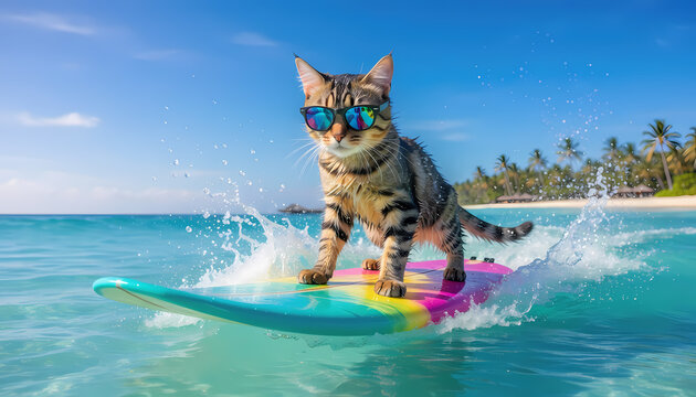 Striped tabby cat with cool sunglasses surfing colorful board at sunny beach, palm trees, and ocean waves. Suitable for summerthemed designs.