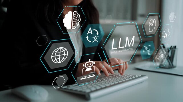 Business professional interacting with artificial intelligence icons, showcasing advanced technology concepts related to large language models in a modern workspace Gluon.