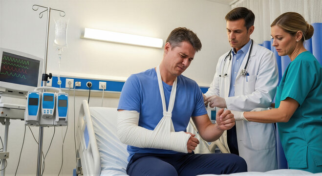 Man with broken arm sitting on hospital bed with doctor and nurse. Patient with arm cast and sling receiving medical care. Trauma surgery and rehabilitation in clinical setting.
