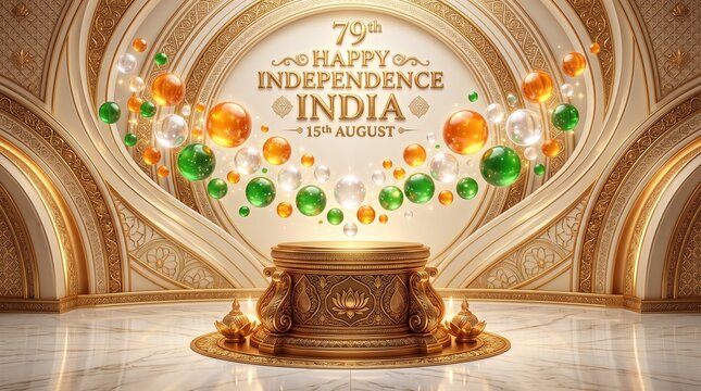 Floating balloons and party confetti in a bright room for 15 August 80th Independence Day and 79th Anniversary celebration