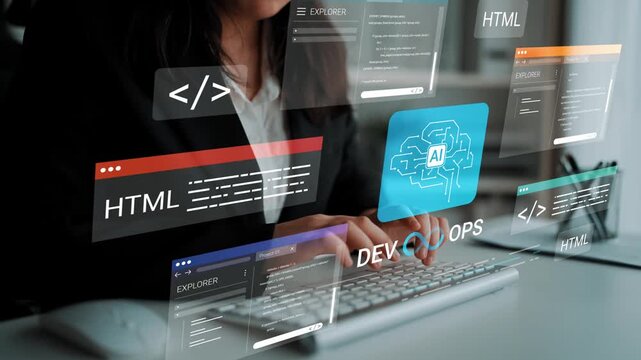 Professional woman using modern keyboard with digital interface showcasing artificial intelligence, coding languages, and software development concepts Gluon.