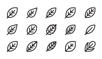 Fototapeta premium Detailed leaf outline icons with internal vein structures for comprehensive nature and botanical graphics.