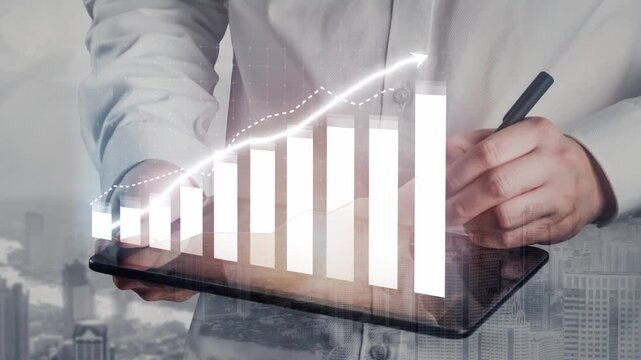 A businessman examines financial data on a tablet, with visual graphs and arrows representing growth, set against a contemporary office view of a city skyline. Copula
