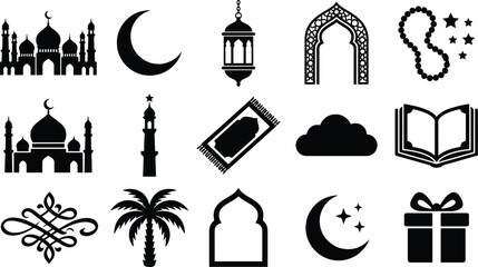 Islamic traditional symbols and religious objects set with religion tradition crescent ornament silhouette religious celebration decorative isolated spiritual heritage