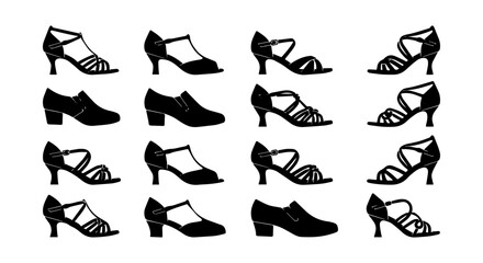 Obraz premium Retro Shoe Collection, Vintage Footwear Styles, Classic Heels and Flats, 16 Vector Silhouettes