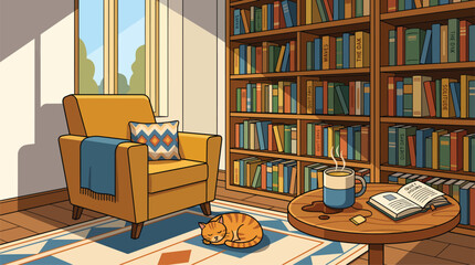 Cozy reading nook with armchair, sleeping cat, coffee, and extensive bookshelves creating a warm, inviting atmosphere for relaxation and study. © aji
