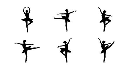 Ballet Dancer Silhouettes, Six Poses Vector Set, Elegant Female Performance Art © tarin