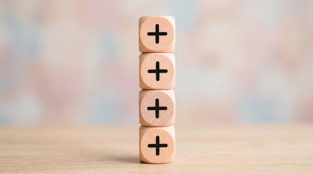 A vertical stack of four wooden blocks each with a plus sign symbol on a wooden surface with a soft blurred background, representing positive growth