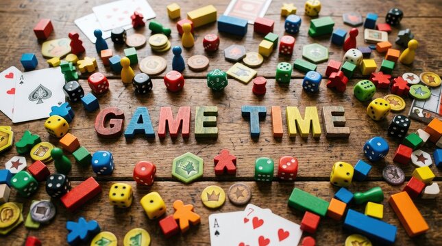 Colorful wooden letter blocks spelling game time surrounded by various board game pieces, dice, and playing cards on a rustic wooden table