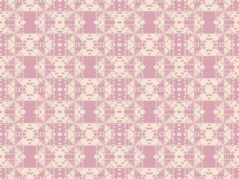Soft pink and cream geometric pattern repeats seamlessly. Symmetrical shapes form a balanced, elegant visual rhythm. Ideal for backgrounds, textiles, or design overlays. Suitable for feminine, vintage