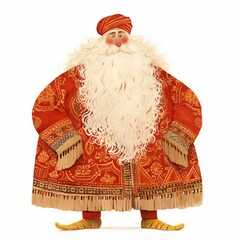 Man wearing turban and traditional oriental robe with long beard. Illustration of fairy tale character inspired by Arabian Nights. Fantasy story book art for cultural storytelling theme. © Margarita Ratatosk