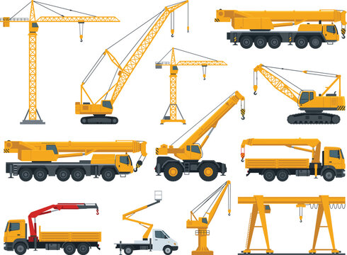 Heavy Construction Cranes and Industrial Lifting Machinery Vector Set featuring Tower Mobile and Gantry Cranes