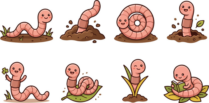 Cartoon earthworm vector illustrations featuring playful poses, smiling faces, leaves, clovers, books, soil, and cheerful nature themes