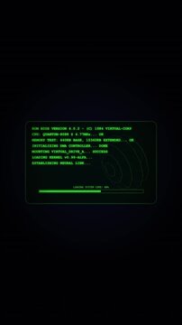 Retro Computer System Boot Sequence Loading Screen with Green Terminal Text and Digital Interface Animation Graphics