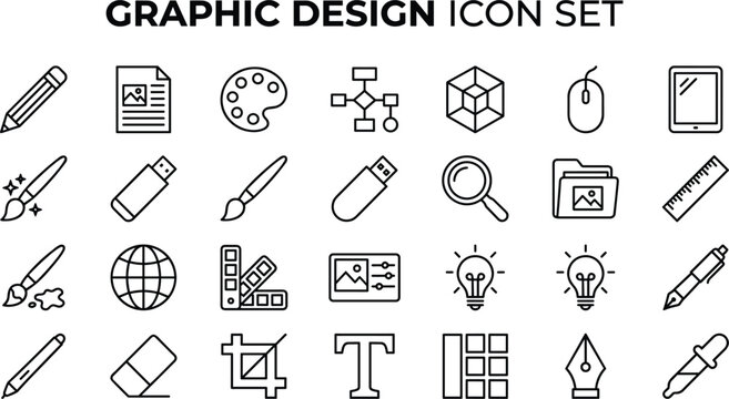Digital artwork creation and graphic design line icon set featuring typography paintbrushes palettes and typography vectors