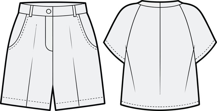 Fashion technical illustration women's bermuda shorts and loose fit tee