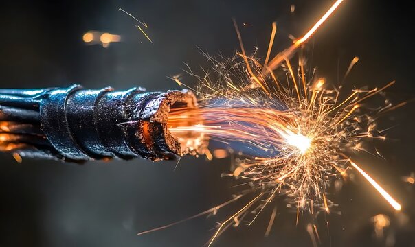 Damaged electrical wire sparks and arcs with dangerous short circuit energy in dark.