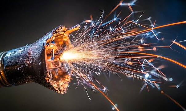 Broken electrical wire sparks and arcs with dangerous short circuit energy in dark.