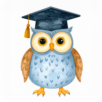 a cute, cartoon like owl is the central figure, facing forward and standing on a bright white background. the owl is light blue with darker blue feather markings on its chest and brown wings