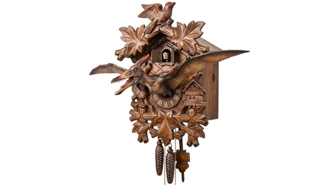 Cuckoo clock with dinosaur pterodactyl figure isolated on white