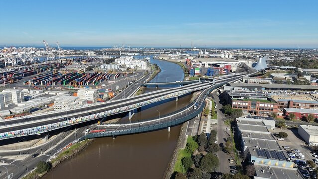 Melbourne Bolte Bridge and port infrastructure aerial view