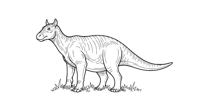 Illustration of a Parasaurolophus dinosaur in black and white, standing on grass.