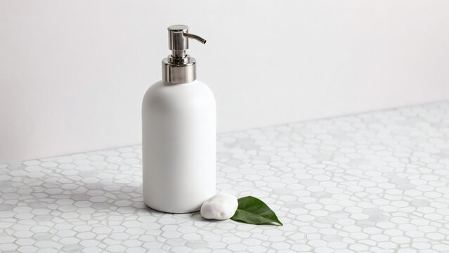 Minimalist white ceramic soap dispenser with decorative stone and green leaf on hexagonal tiled surface
