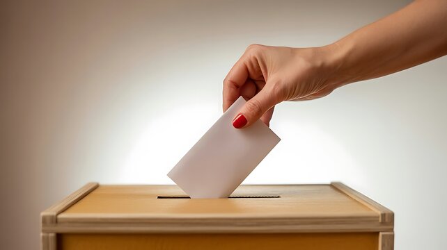 Hand placing a white ballot into a wooden voting box for election participation
