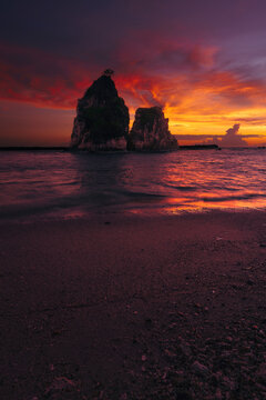 sunset at the beach with beautiful sky from Pantai Tanjung Layar Bayah Sawarna Banten Indonesia