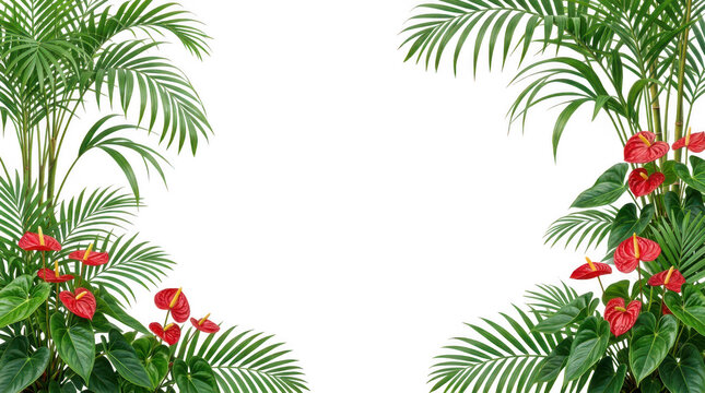 Tropical antherium flowers and palm leaves border frame isolated on white background with anthurium