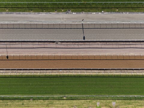 Horse racing track aerial view with many lanes