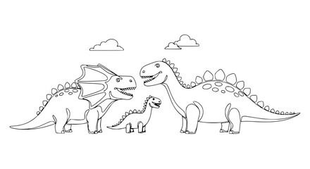 Naklejka premium Cute Dinosaur Family Illustration - Black and White Outline Art