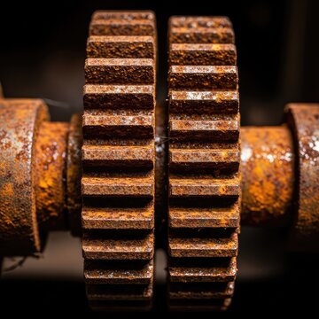 A detailed close-up of interlocking mechanical gear wheels covered in thick orange rust and grime from an abandoned industrial factory, component, interlocking, rust