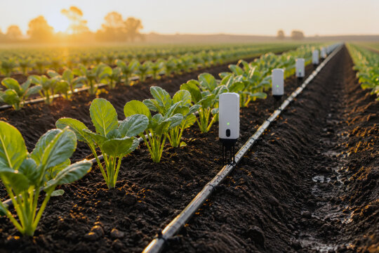 Smart farming sensors in a vegetable crop field at sunrise