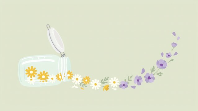 Flat vector illustration featuring wildflowers spilling out from an open glass jar with flowers flowing outward