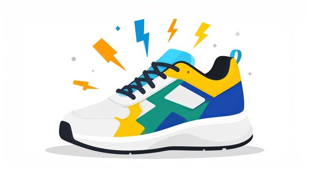Vibrant athletic shoe with lightning bolts.