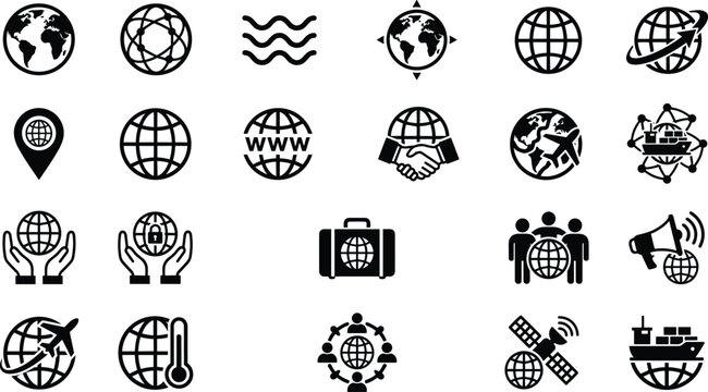 Global business and worldwide network vector glyph icons set representing communication logistics internet commerce geography travel