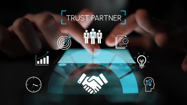 Business partnership concept with icons representing trust, collaboration, goals, ideas, and performance metrics on a digital interface for professional use Gluon.