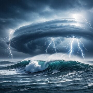 Dramatic stormy ocean scene with lightning and powerful waves