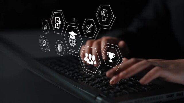 Hands Typing on a Keyboard with Abstract Digital Icons Representing Technology, Education, Business, and Communication Concepts in a Dark Background Gluon.