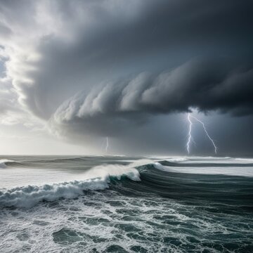 Dramatic ocean scene thunderstorm and lightning over rolling waves