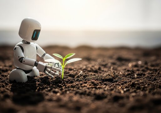 A small white futuristic robot gently uses mechanical fingers to plant a green seedling in rich dark soil under soft natural sunlight glow, bokeh, renewal, environment