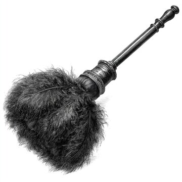Vintage engraved illustration of traditional feather duster with fluffy ostrich feathers on ornate wooden handle against plain white background for classic cleaning tool art