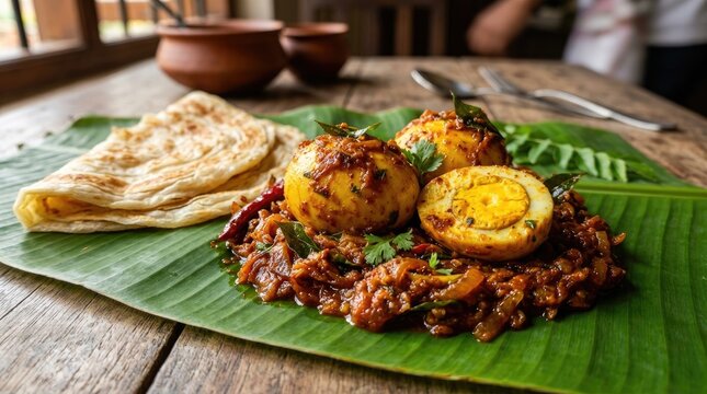 A traditional south indian meal featuring spicy egg masala curry with boiled eggs and parotta bread served on a fresh green banana leaf