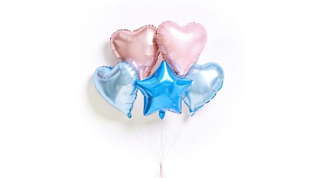 Bouquet of metallic foil heart and star shaped balloons in soft pink and light blue tied against plain clean white background for romantic valentine or baby celebration